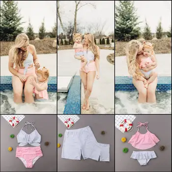 

Family Matching Swimwear Mother Daughter Father Son Kids Frill Two piece SUummer Cute Sweet Whole Family Bikini Set
