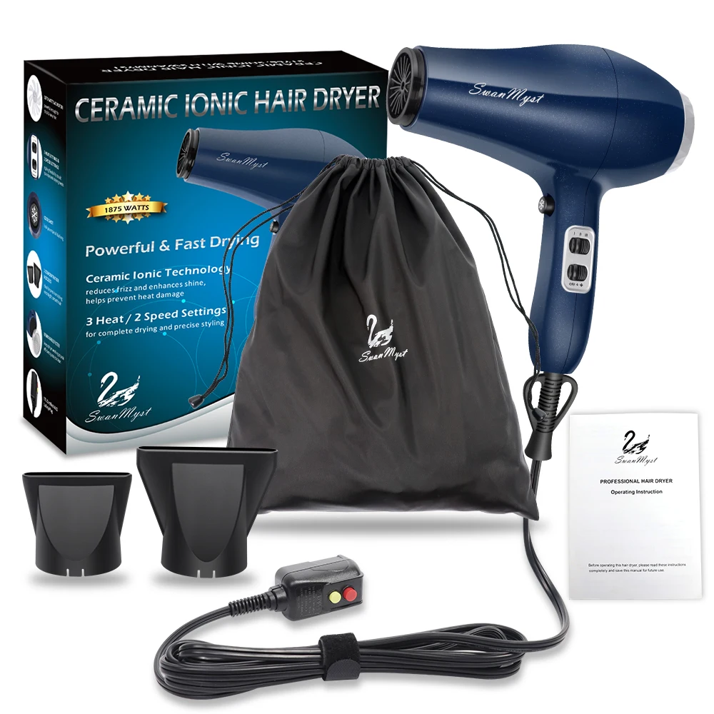 

Blow Dryer Professional Salon Negative Ionic Hair Dryer 1875W Fast Dry SwanMyst Blow Dryers with 2 Concentrator Nozzle