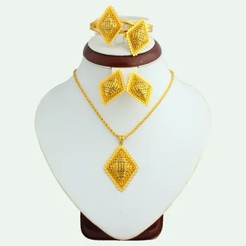 

New 2019 Ethiopian Wedding Big Jewelry Set Gold Color Rhombus Sawtooth Pendant/Earrings/Ring/Bracelet Bride Jewelry For Women
