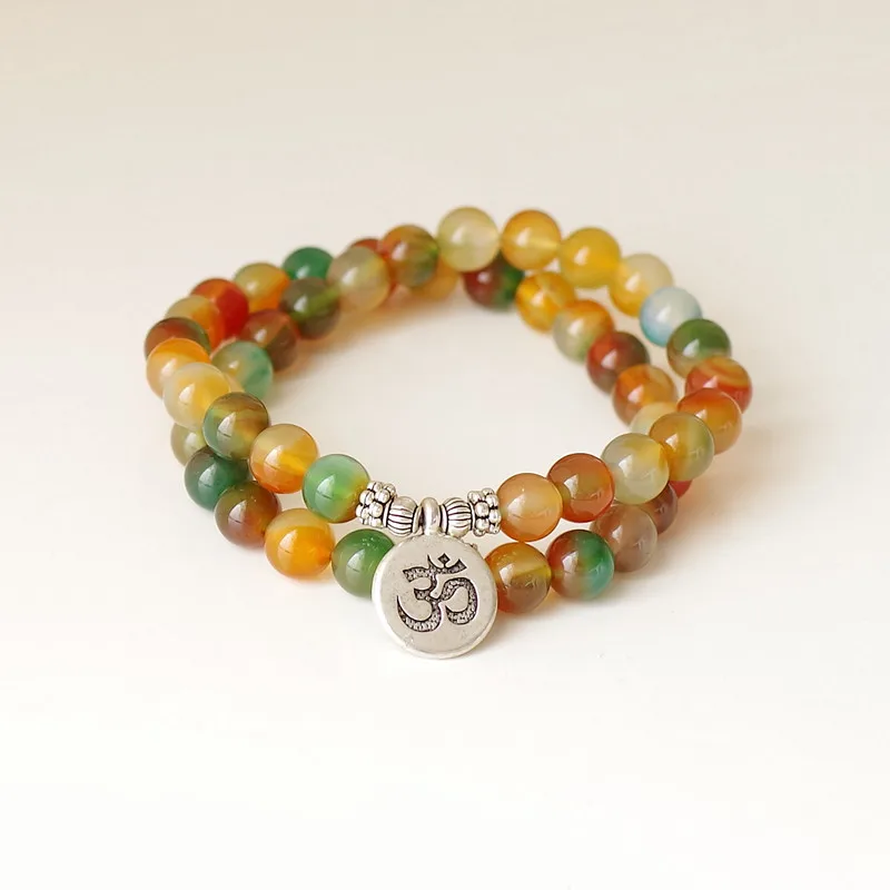 

Colorful Onyx Stone Strand Double Layer Bracelet Yoga Chakra Mala Bracelet OM Buddha Beaded Charm Bracelet Handmade Jewelry