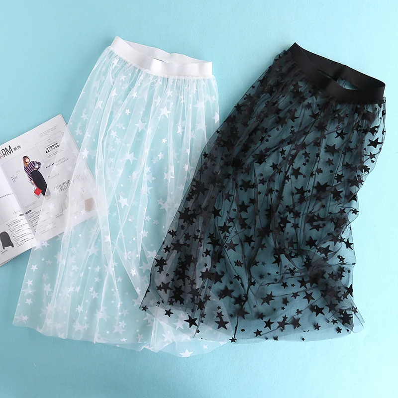 

Autumn Winter Women Mesh Skirts Fashion Casual Elegant Stars One Layer Transparent Midi A Line Black White Skirt Overskirt
