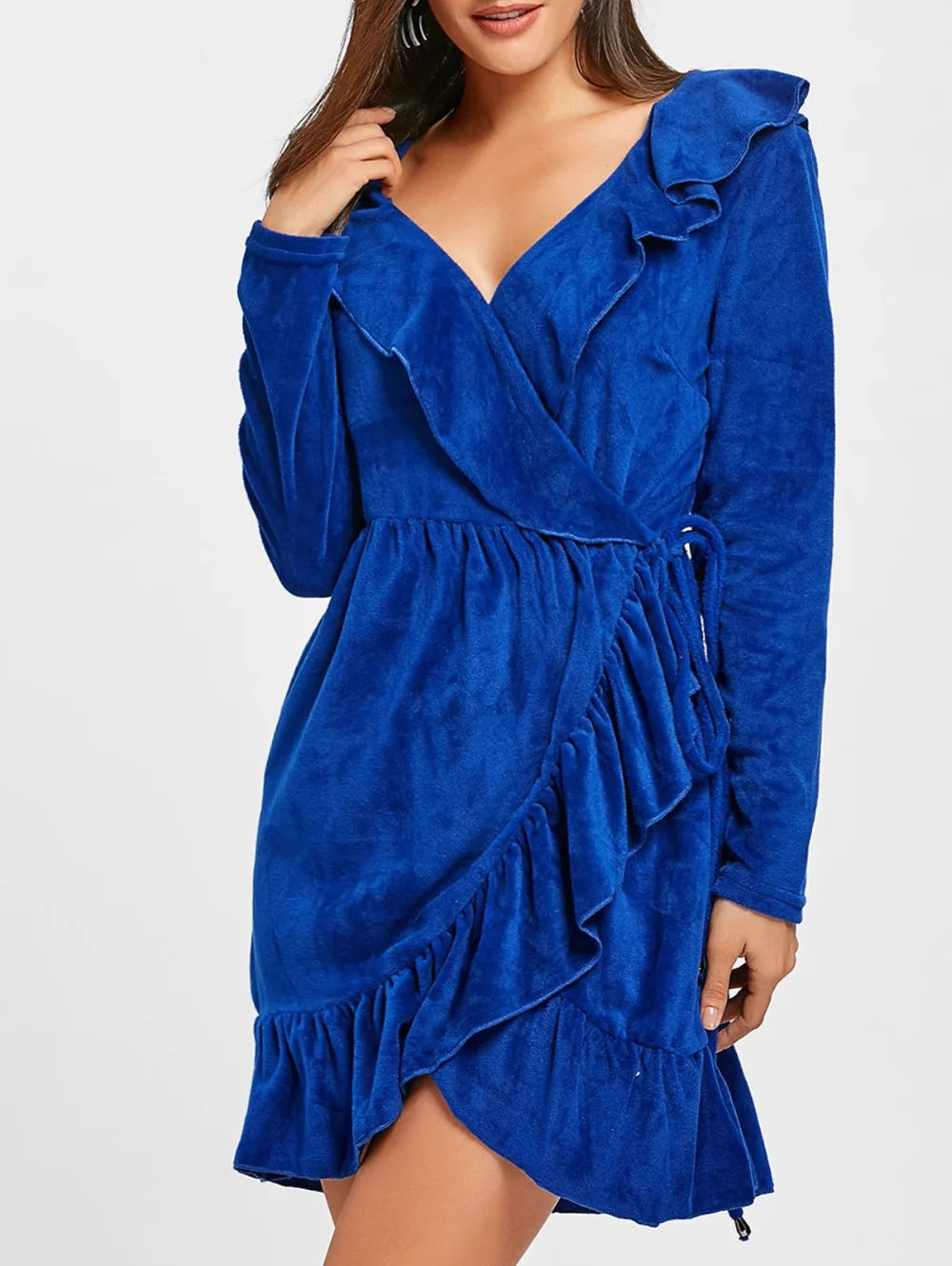 Blue Velvet Dress Women Long Sleeve Ruffles Solid Blue Elegant Party Women Dress Sexy Bandage V