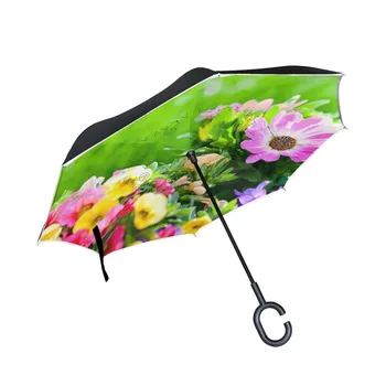 

C-hook Reverse Umbrella with Green Grass Land and Flowers Printed Creative Modern Upside Down Double Layers Reverse Umbrellas