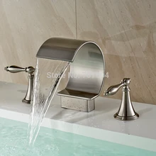 Newly Waterfall C Shape Spout Brushed Nickel Bathroom Basin Mixer Tap Deck Mounted Dual Handles 3Pcs