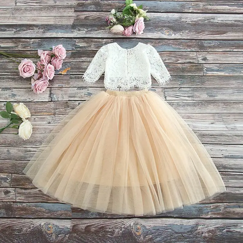 Коллекция года, весенне-летний комплект одежды для девочек, кружевной топ с короткими рукавами+ розовая длинная юбка цвета шампанского детская одежда От 2 до 11 лет, E17121