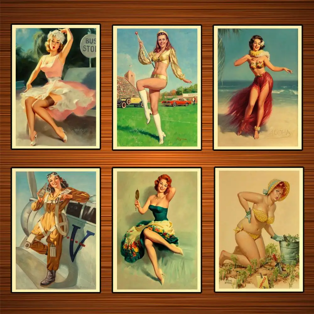 

Vintage Pin Up Girls Poster Aviation Bus Stop Aloha Beauty Kraft Posters Classic Canvas Paintings Wall Stickers Home Decor Gift