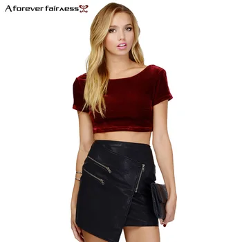

A Forever Women Crop Tops Deep O-Neck Backless Short Sleeve Short Wild Fashion Velvet Tank Tops Slim Sexy Vest Summer AFF717