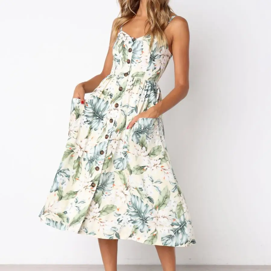 

2018 Vetemen Femme Women Sexy Printing Buttons Off Shoulder Sleeveless Dress Princess Dress Vestidos De Verano