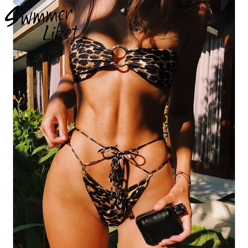 Günstig Sexy kreuz bikini leopard badeanzug frauen badegäste Bandeau ring badeanzug Push up micro bademode weibliche sommer 2019 schwimmen anzug