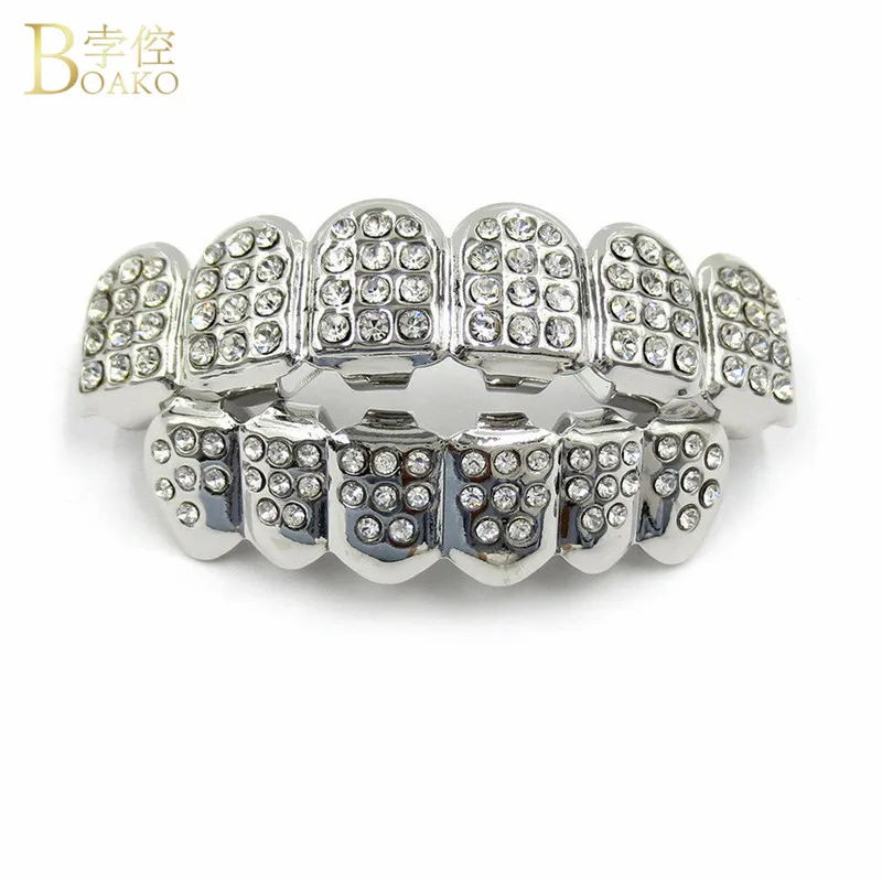 BOAKO хип-хоп золотые зубы Grillz Iced Out CZ зубы шапки верхние и нижние грили стоматологические рот панк вечерние зубные Рэппер Украшения для тела - Окраска металла: Silver set