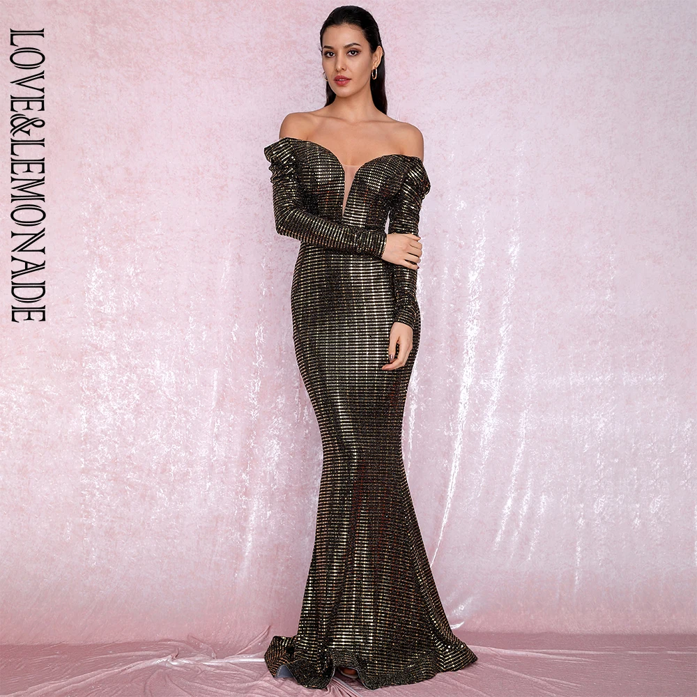 LOVE&LEMONADE Sexy Open Shoulder Gold Sequins
