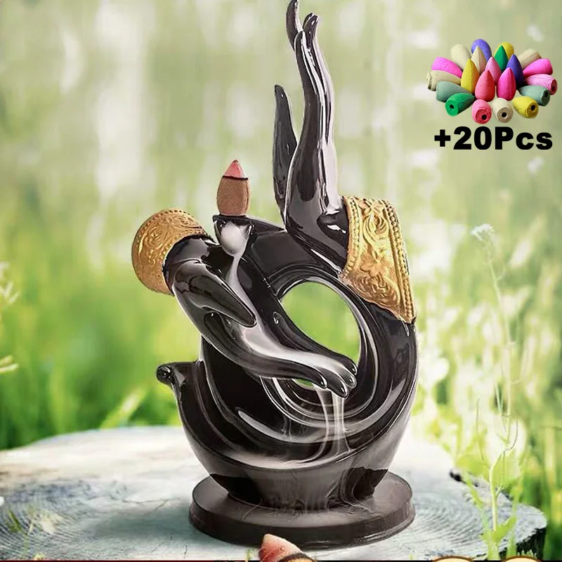 

Gift 20Cones Feng Shui GuanYin Buddha Hand Zen Yoga Waterfall Backflow Incense Burner Incense Base Craft Gift Decoration Tea Pet