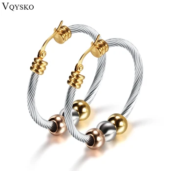

Fashion Korean Gold Big Hoop Earrings With Three Beads Round Circle Stainless Steel Earrings For Women Trendy Hiphop Rock