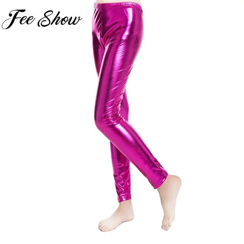 

Fashion Boys Girls Shiny Metallic Skinny Pants Elastic Pencil Pant Leggings for Kids Performances Dance Costumes