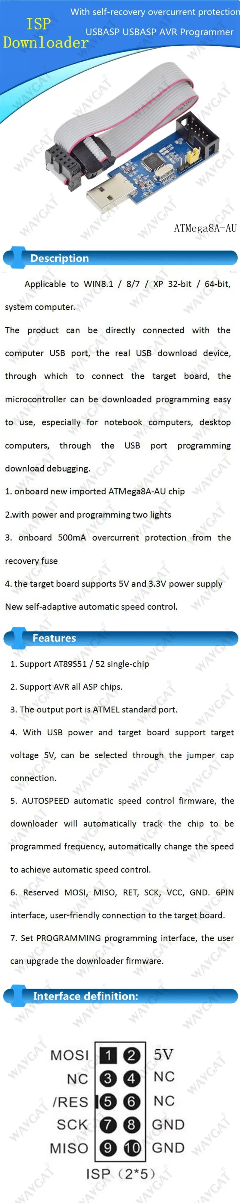 WAVGAT USBASP USBISP AVR программист USB ISP USB ASP ATMEGA8 ATMEGA128 Поддержка Win7 64