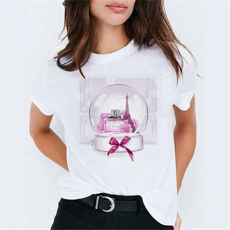 Женская модная футболка с цветочным принтом, флаконом духов, с коротким рукавом, женская уличная одежда, белые топы