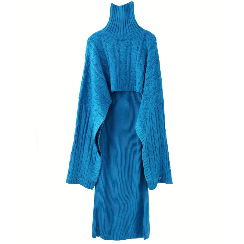 Весенний Трикотажный костюм 2 шт. водолазка с рукавами летучая мышь плащ свободные топы и облегающее платье женский свитер комплект Okq119 - Цвет: blue