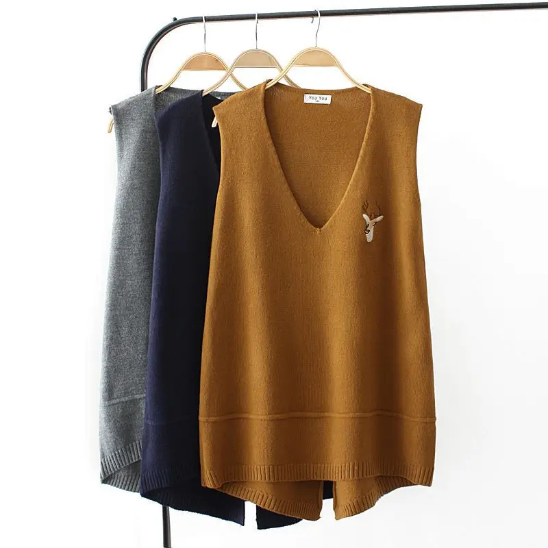 Buy Casual Plus Size V Neck Autumn Knitted Vest For Women Deer Head Embroidery Sweater Veste Femme Winter Warm Asymmetry Waistcoat