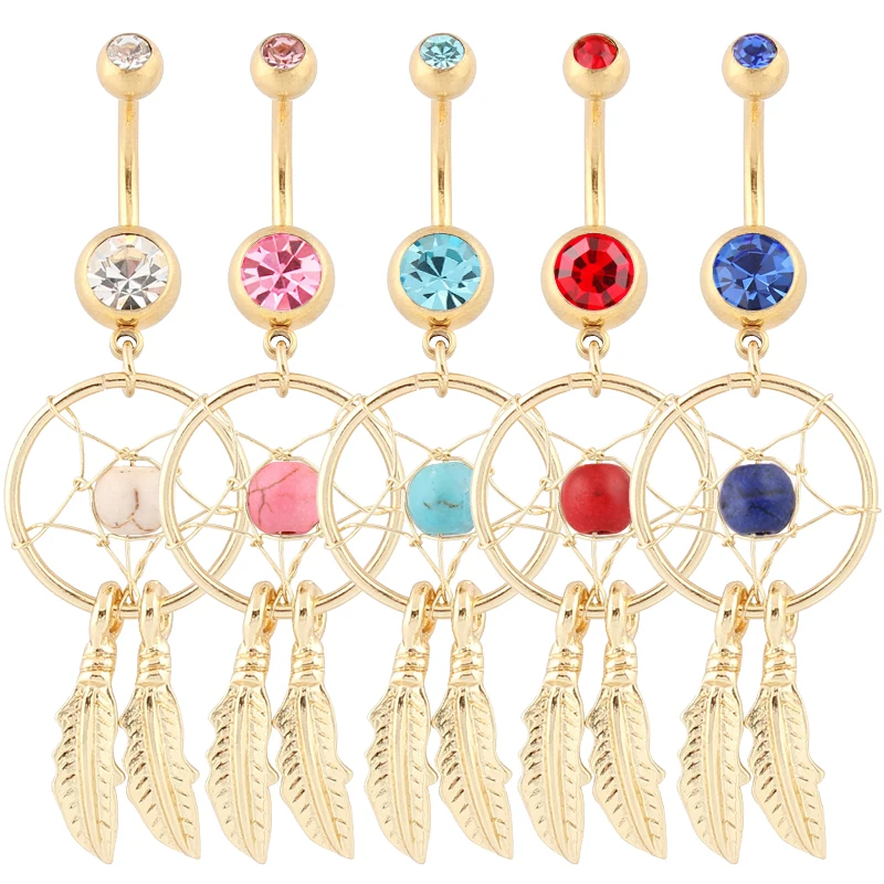 

Piercing Dream Catcher Dangle Hot Navel bar Fashion Body Piercing Jewelry 14G 316L Surgical Steel bar belly ring mixed color