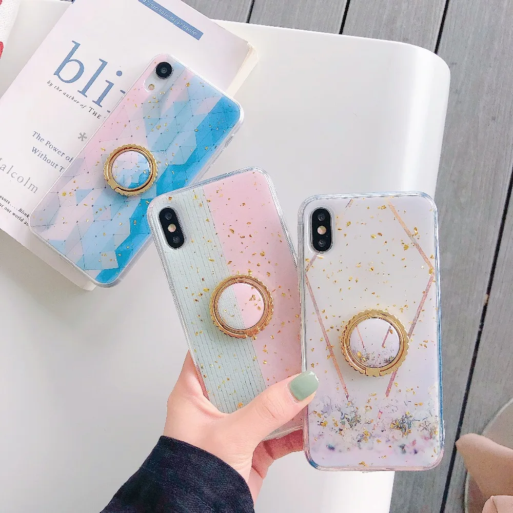 Case For iPhone Xr X Xs Max Cover Fresh Bling Blue Diamond Finger Stand Girly Soft TPU Cases (3)