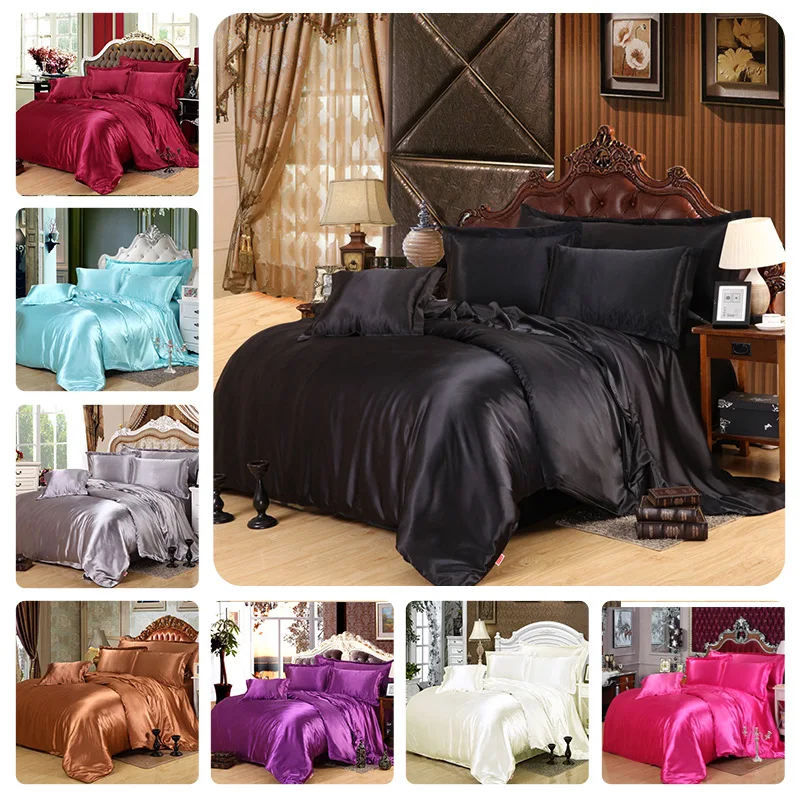 

Ms.O 4pcs Queen Size Solid Color Plain Satin Silk Bedding Set Flat Bedsheet Set Duvet Cover Set Bed Linen Bedclothes