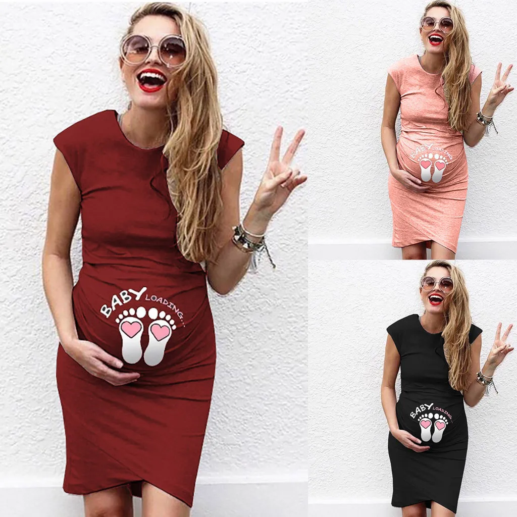 

MUQGEW pregnancy clothes maternity dresses Women Pregnant Short Sleeve Pregnant Nursing Maternity Dress Solid Print Skirt