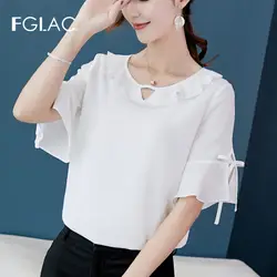 FGLAC Для женщин модная повседневная с коротким рукавом и оборками блуза рубашка Элегантная обтягивающая шифоновая блузка Большие размеры