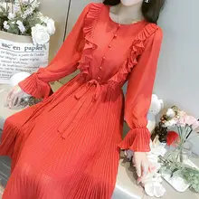 เกาหลีฤดูร้อน 2018 ผู้หญิงชุดลำลองชีฟองสีแดง Flare แขนเสื้อสูงเอว Retro เซ็กซี่ PARTY Dresses Vestidos(China)