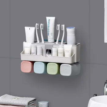 

Punch-free Plastic Toothbrush Holder Shelf Automatic Squeeze Toothpaste Dispenser Bathroom Tooth Paste Rolling Tube Squeezer Set