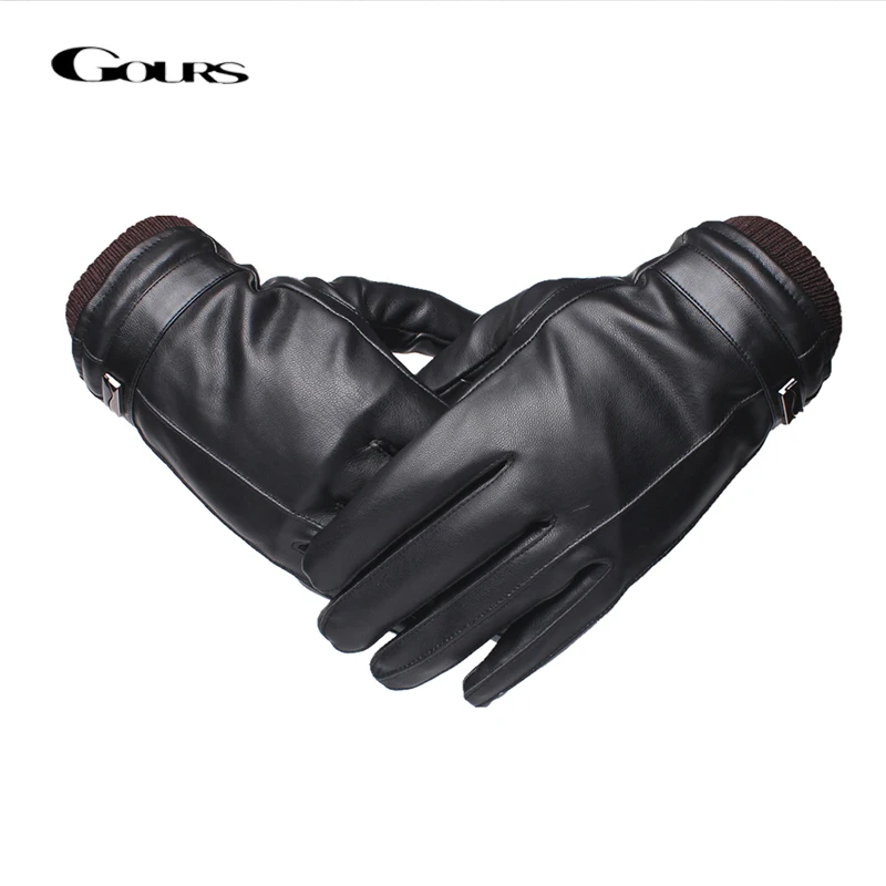 Gours кожаные перчатки для Для мужчин модный бренд мужской черный Сенсорный экран из искусственной кожи палец перчатки теплые зимние Новое