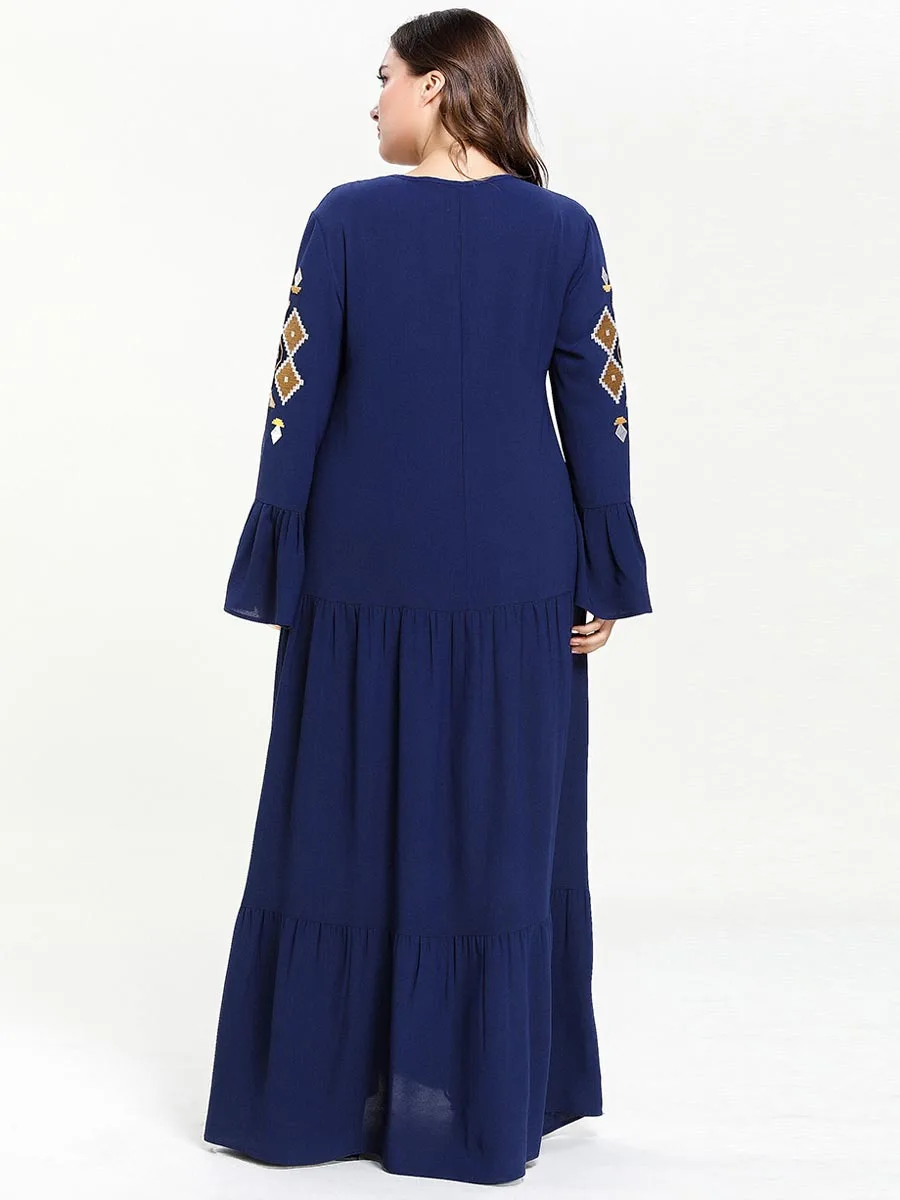 Мусульманское женское длинное Макси платье с вышивкой абайя свободное мусульманское кафтан джилбаб с расклешенными рукавами драпированное платье с завязками повседневные платья