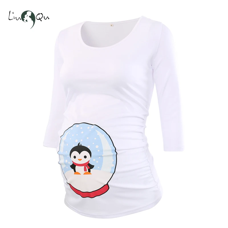 

Penguin Funny First Xms T-shirt Maternity Tops Belly Ornament Mama Clothes Ugly Christmas Flattering Side Pregnancy Blouse