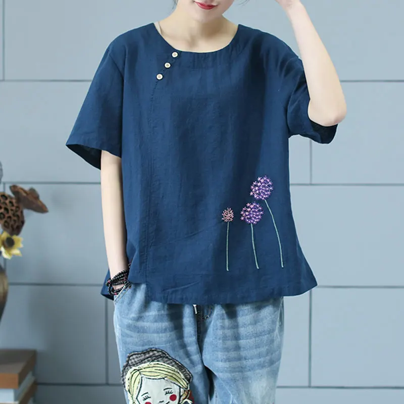 

F&je Summer Women Tshirt Plus Size Short Sleeve Loose Cotton Linen Tops Floral Embroidery Vintage Tee Shirt Femme Tshirts YN01