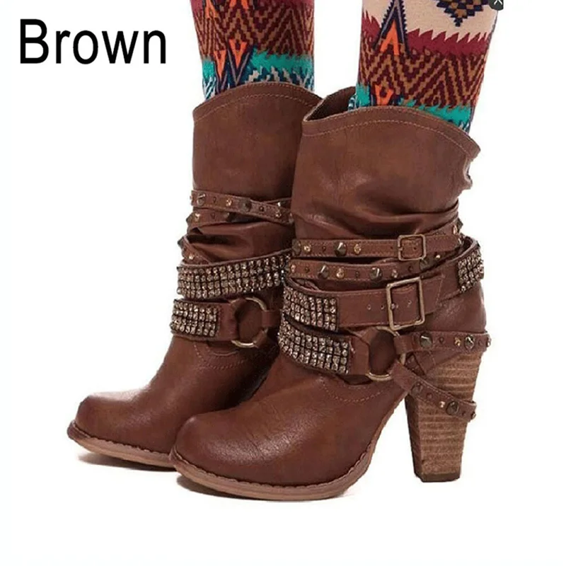 

New Women Boots Autumn Winter Women Shoes High Heel Boots Rivet Buckle Daily Shoes PU Leather Ankle Boots For Women Martin Boot