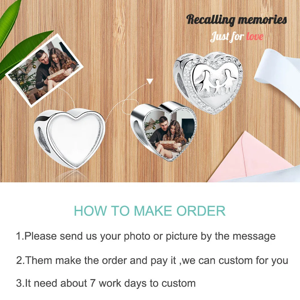 ELESHE Personalized Custom Photo 925 Silver Crystal Heart Charms Bead Fit Bracelet Photo Of Baby Mum Family DIY Jewelry
