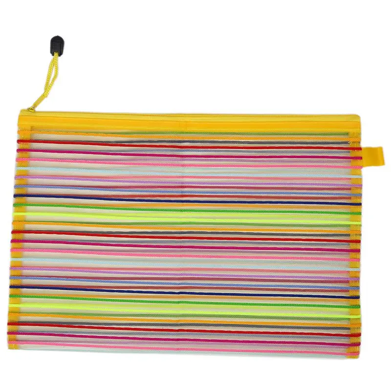 Zip up Nylon Mesh Multicolor Stripes A4 Paper Documents Pen File Bag Folder