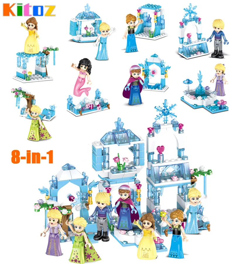 

Kitoz 8-in-1 Anna Elsa Sparking Ice Castle Mermaid Kristoff Princess Snow Queen Building Block Toy for girl compatible with lego