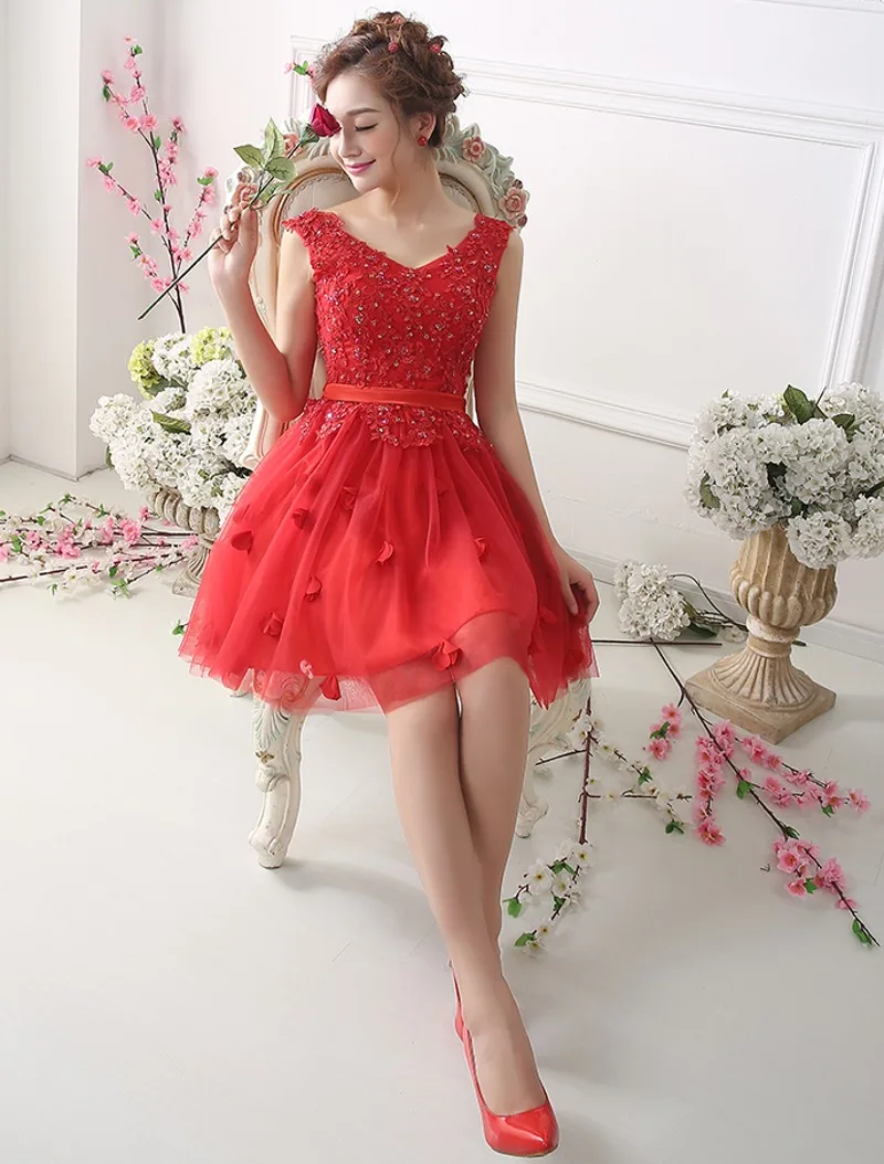 High Quality 2017 V Neck Beading Applique Red Short Prom Dresses Cheap Women Party