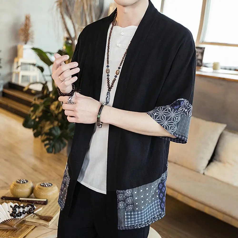 

Modies Casual Shirt Tops Men's Summer Loose Cotton Linen Printing Patchwork Three Quarter Sleeve Tops Outdoor Patchwork Tops