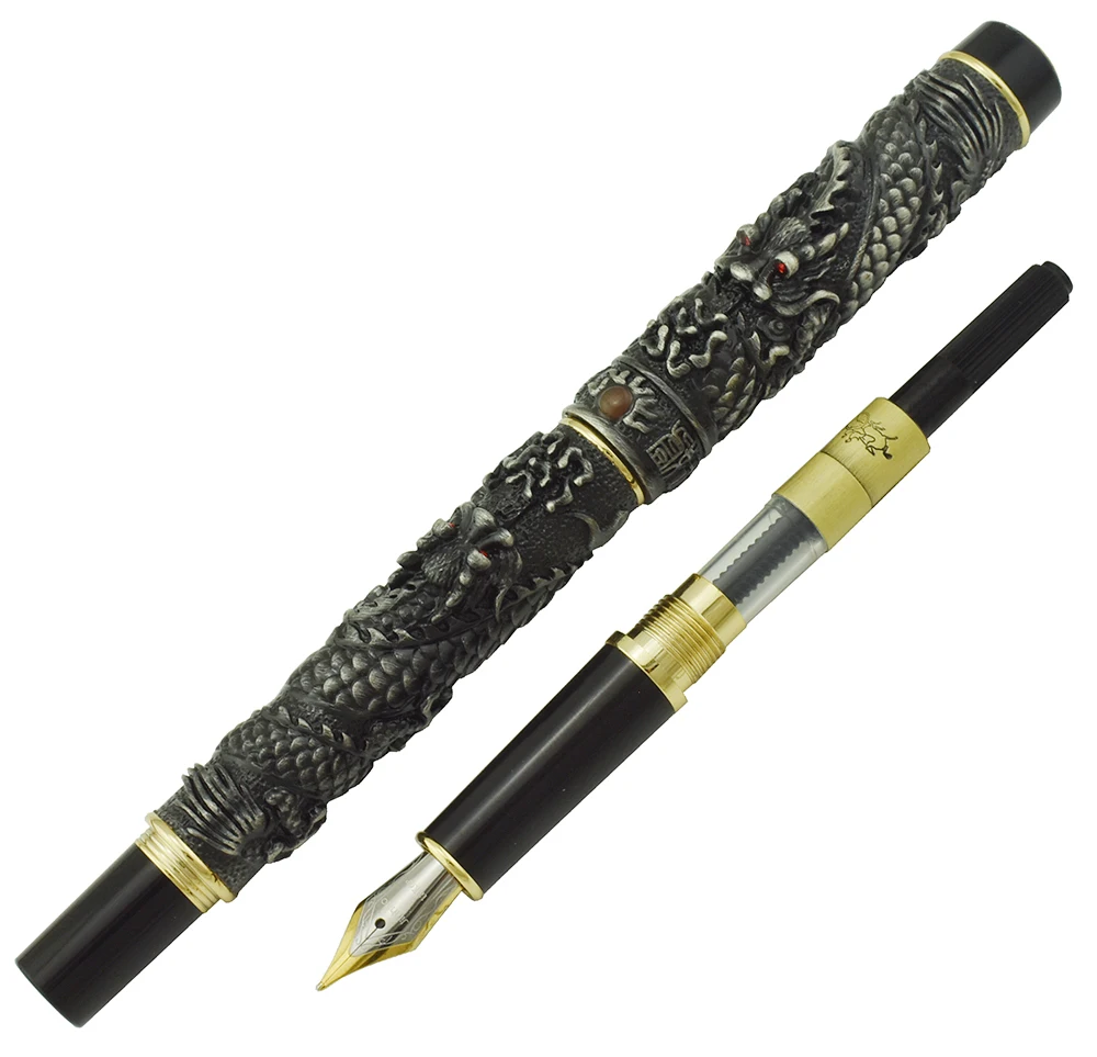 Jinhao Vintage Luxurious Gray Fountain Pen,Small Double Dragon Playing Pearl, Metal Carving Embossing Heavy Collection Pen