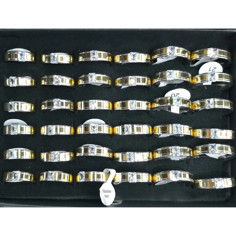 

High Quality Men's Gold Color Stainless Steel Rings Channel Setting Square Crystal 36pcs/lot