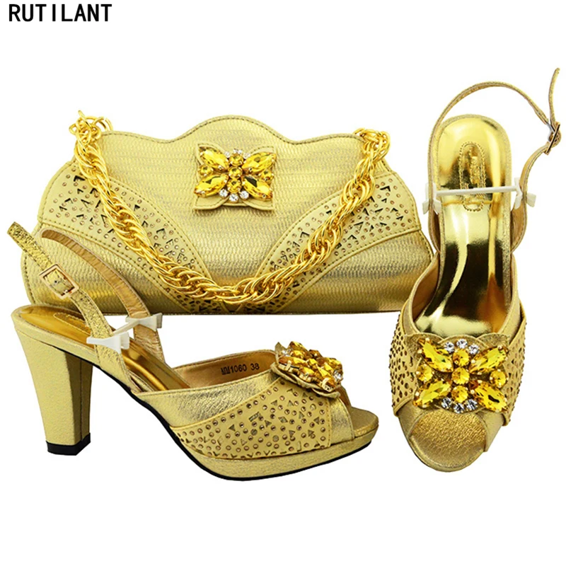 Latest Gold Color Italian Shoes with Matching Bags High Quality African