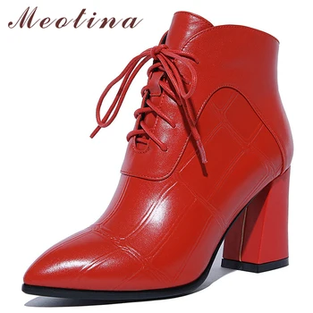 

Meotina Winter Ankle Boots Women Natural Genuine Leather Thick High Heel Short Boots Pointed Toe Shoes Lady Red Fall Big Size 42