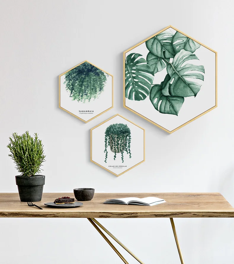 

Nordic Style Leave Hexagon Canvas Painting Green Plants Wall Picture For Living Room Unique Posters And Prints Home Decoration