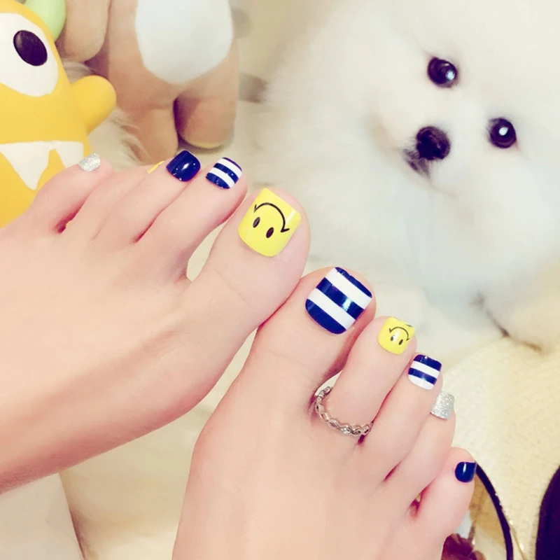 

24x Foot False Nail Tips Smile Fake Toes Nails Stripe Toe Art Summer Tool J55