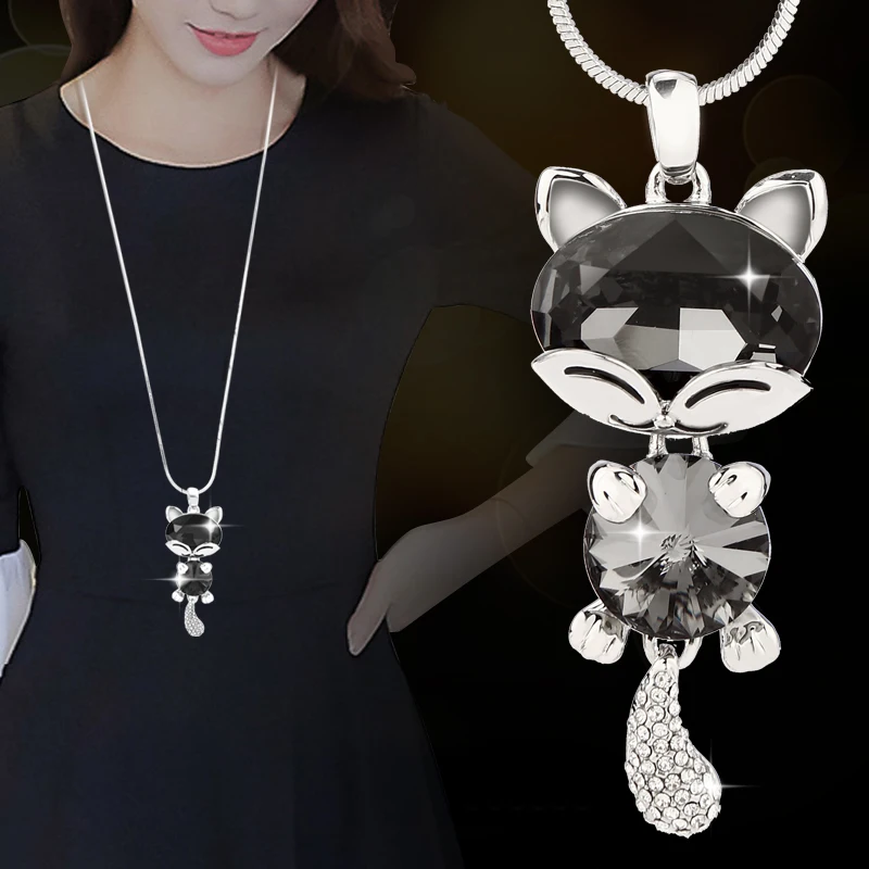 

Cute Black Glass Cat Pendant Long Necklace for Women Silver Color Chain Animal Jewelry Bijoux Femme sunc6