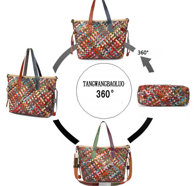 Genuine Leather Handmade Women's bag  Knitted  Colorful  Shoulder  Bag Strap satchel cow skin handbags (9)