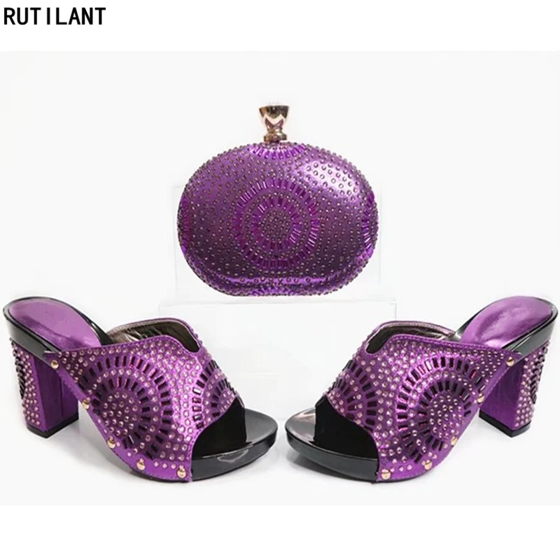 

New Arrival Purple Color Nigerian Party Shoe and Bag Sets African Matching Shoes and Bags Italian In Women Party Shoes and Bag