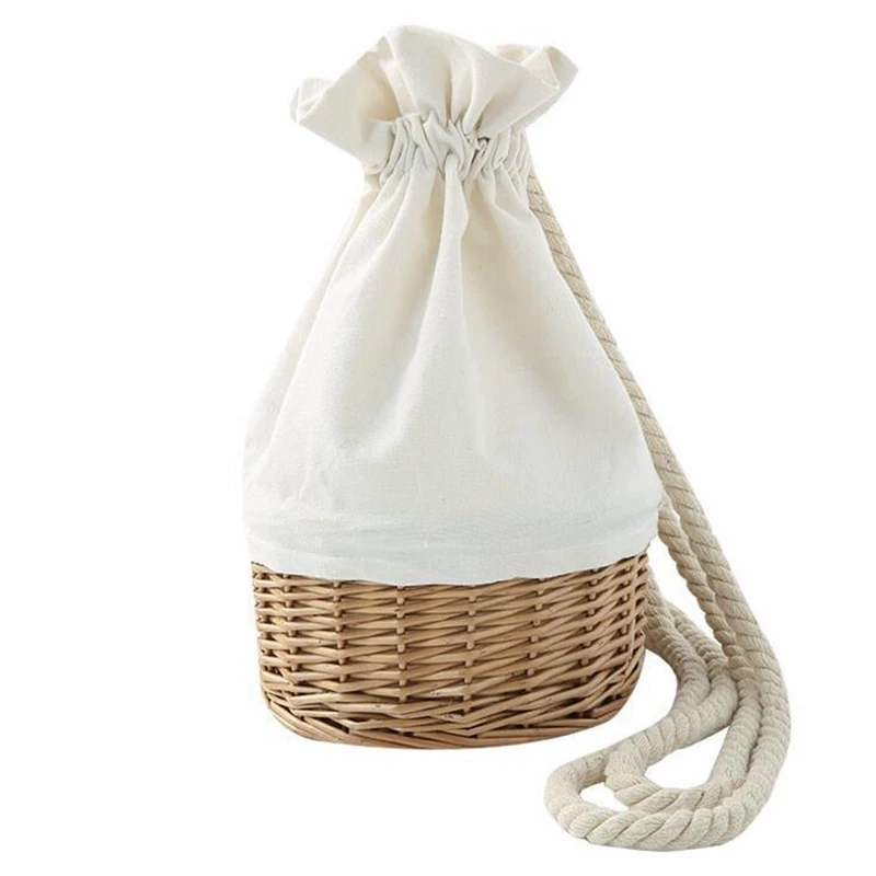 

Spring Korean-Version Drawstring Bag Rattan Bag Straw Bag Double Shoulder Bucket Bag