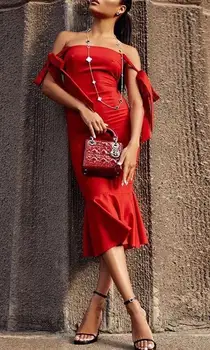 

Top Quality Red Bow Slash Neck Knee Length Rayon Bandage Dress Evening Party Mood Dress